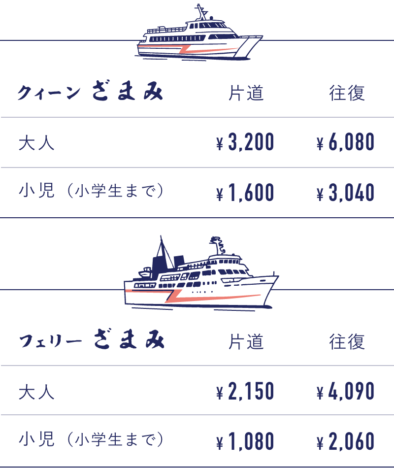 クィーンざまみ、フェリーざまみの料金表