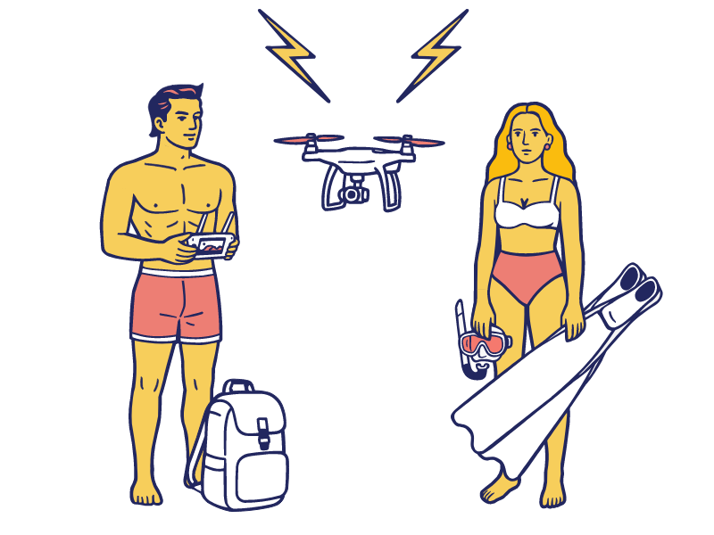 ドローンを飛ばす海男、ロングフィン海女