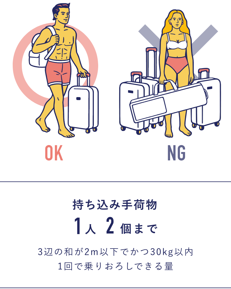 持ち込み手荷物1人2個まで。3辺の和が2m以下でかつ30kg以内、1回で乗りおろしできる量