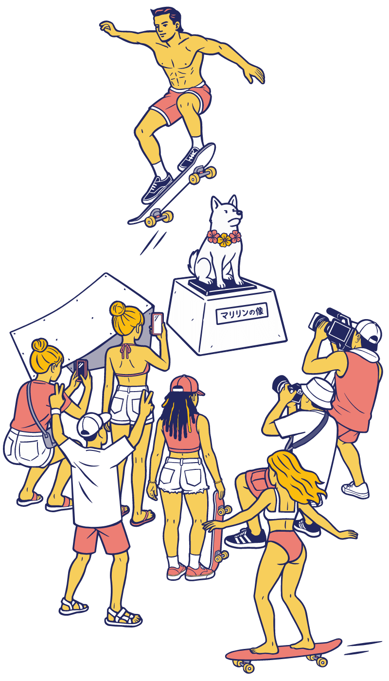 マリリンの像前でSK8イラスト